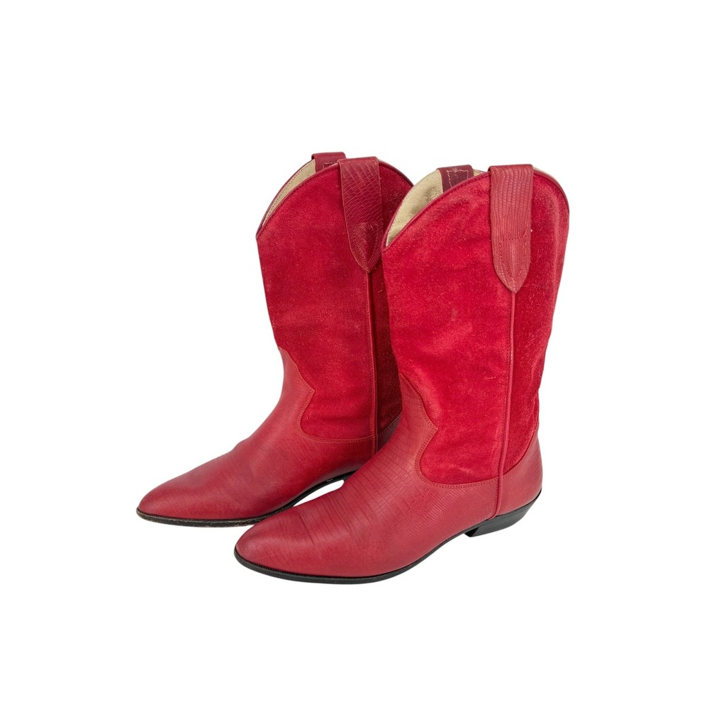Red Suede and Faux Reptile Western Cowboy Boots Pointed Toe Mid Calf Womens